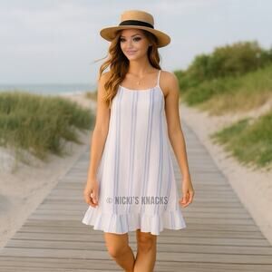 O'Neill White Blue Striped Cotton Mini Dress Ruffle Hem Swing Sundress Size L